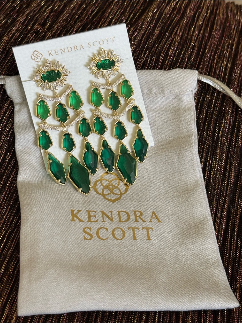 Kendra Scott Gold Alexandria Tier Chandelier Earrings with Emerald Green Stones